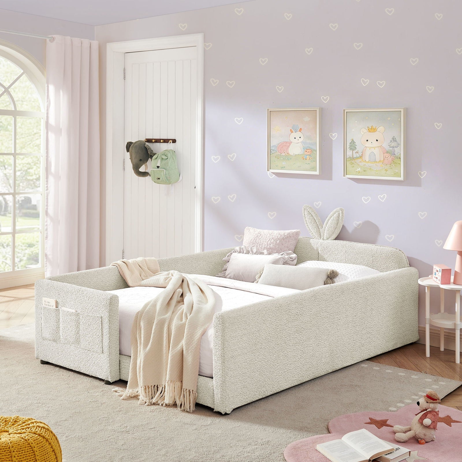 Cute Rabbit Ear Upholstered Platform Bed Frame With Safety Rail