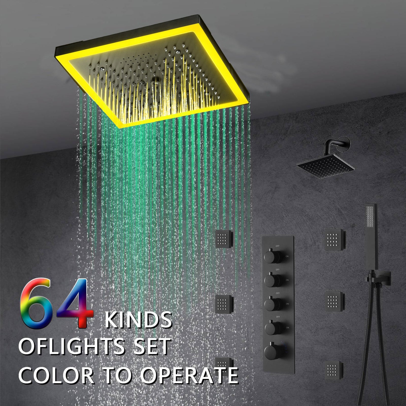 12-Inch Matte Black Flush Mount Shower Faucet Set with Digital Display: 4-Way Thermostatic Control, 64-Color LED Lights, Bluetooth Music, Body Sprayers and Regular Head