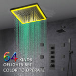 12-Inch Matte Black Flush Mount Shower Faucet Set with Digital Display: 4-Way Thermostatic Control, 64-Color LED Lights, Bluetooth Music, Body Sprayers and Regular Head