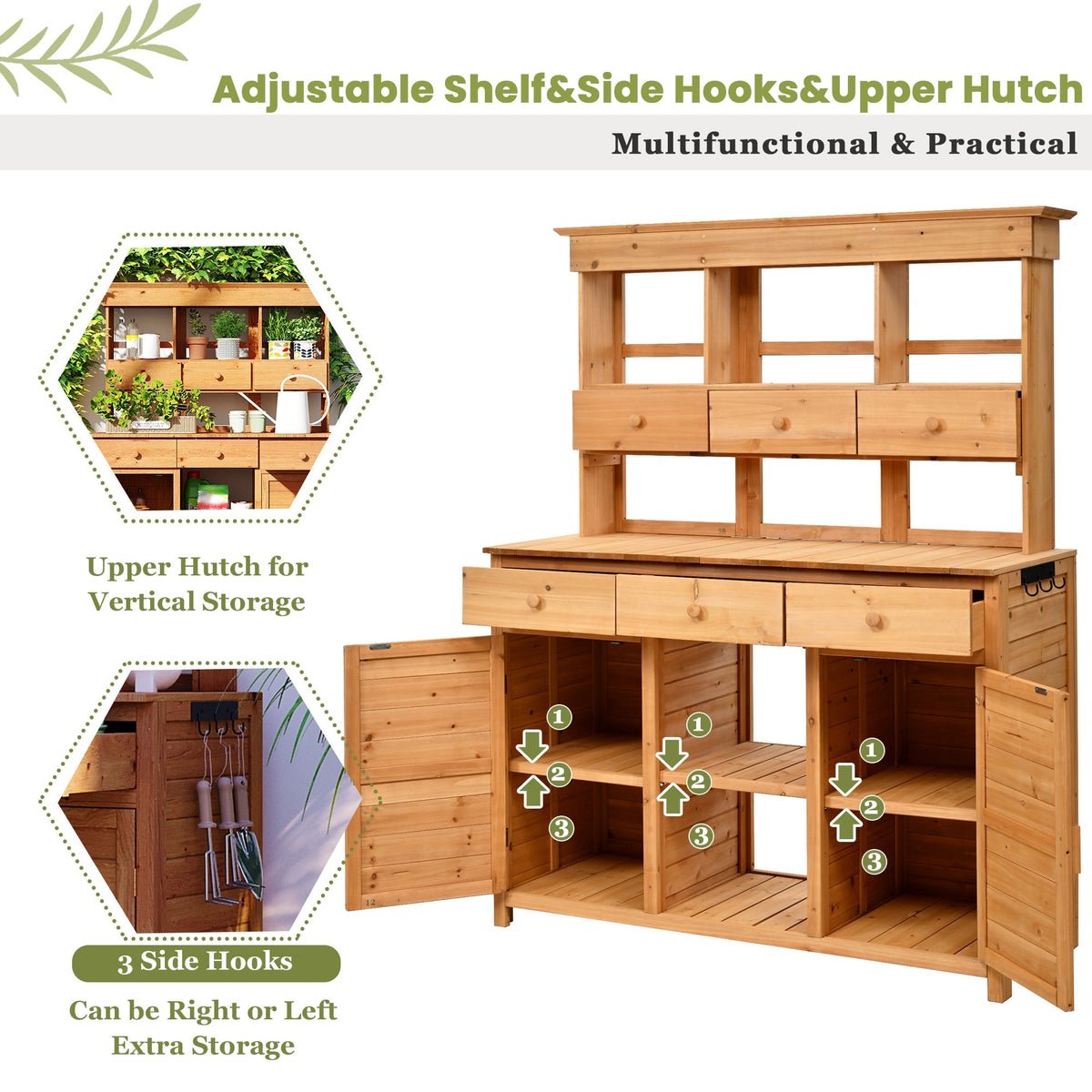 Tall Garden Potting Bench Table with Hutch - Durable Fir Wood