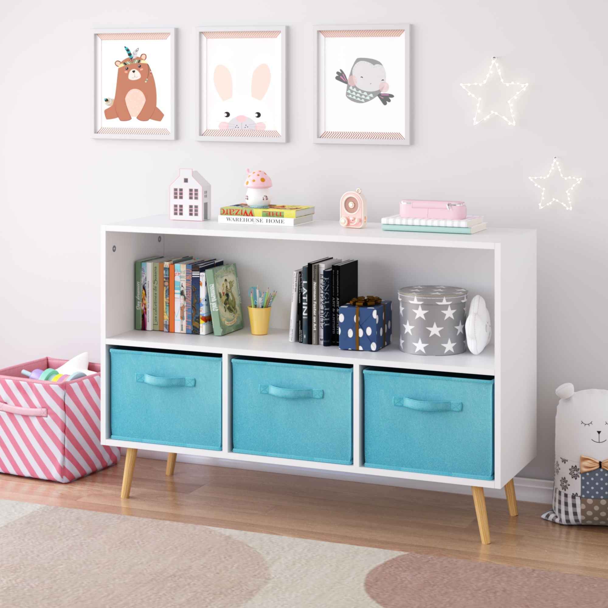 Bookcase With Collapsible Drawers, Book Display Storage Cabinet Organizer - White / Blue