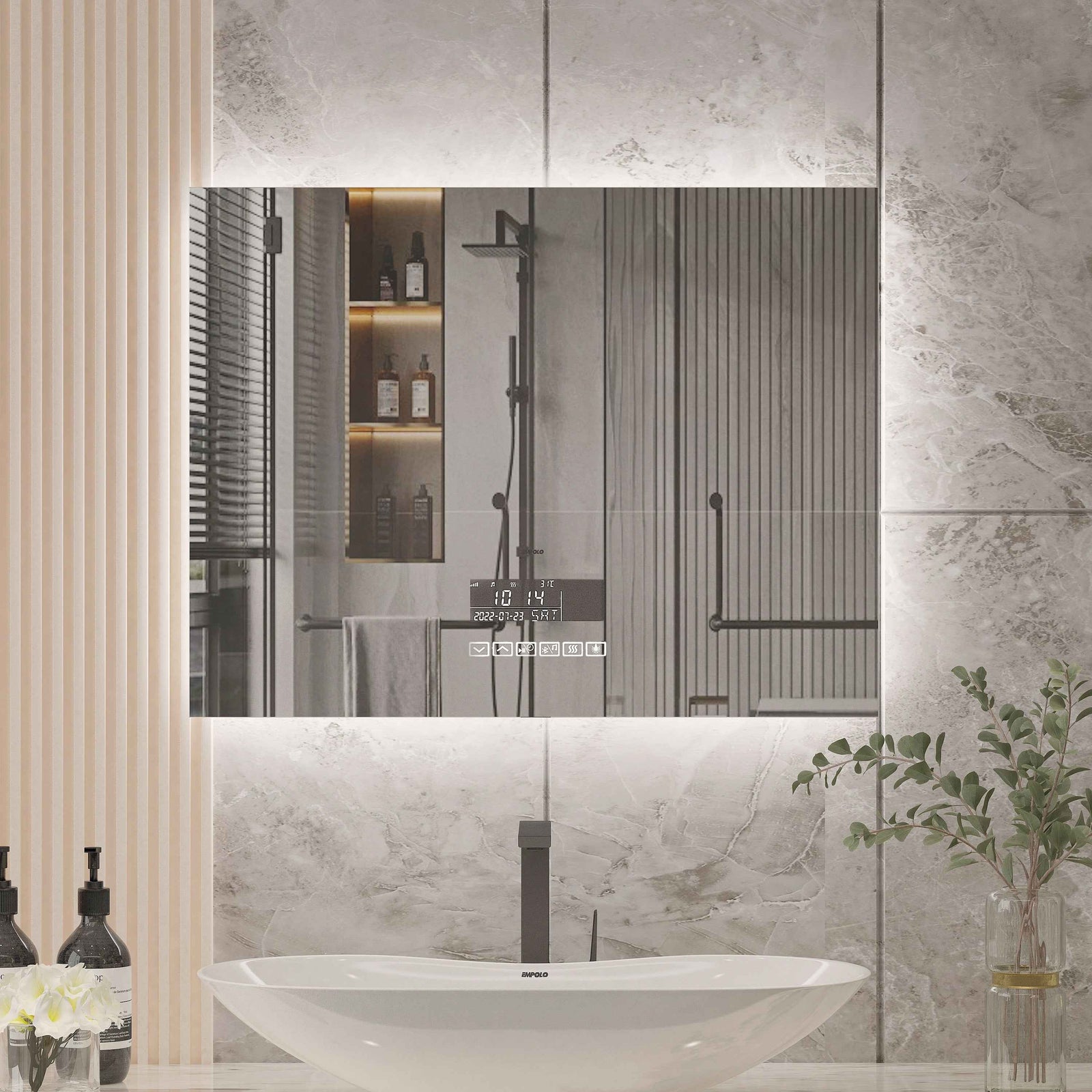 Smart Bluetooth Enabled Mirror: Featuring Temperature Display, Fog-Free Technology, LED Lighting, and Touch Sensor Makeup Functionality for an Elegant and Functional Wall Accent