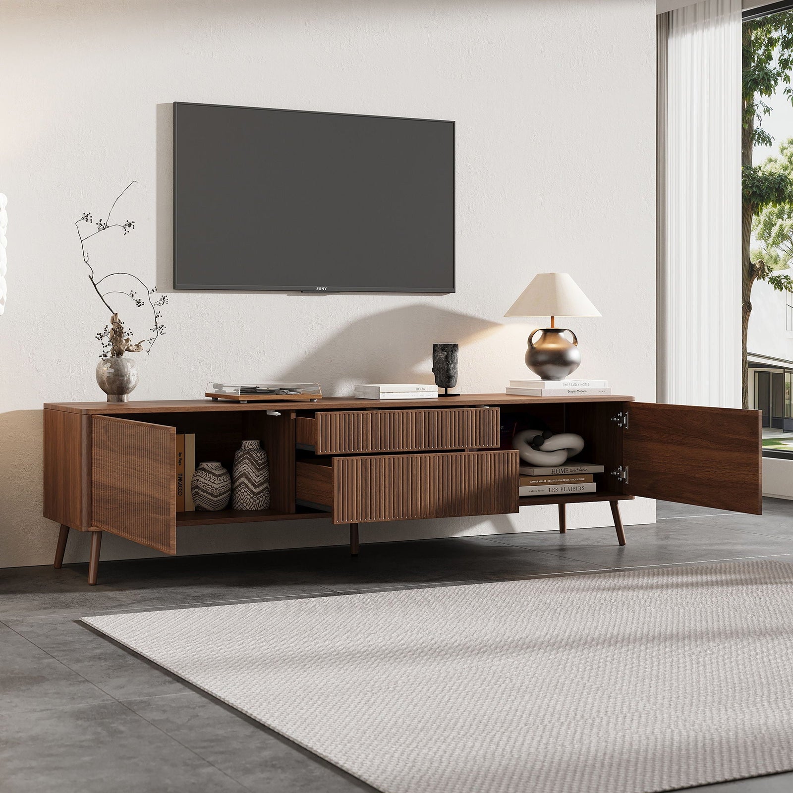 Fluted TV Stand With Storage Drawers And Cabinets For TVs Up To 80