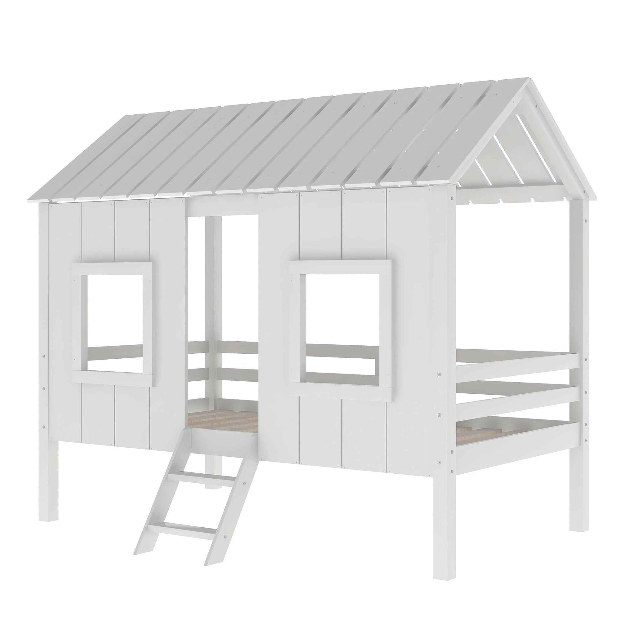 Twin Size Low Loft House Bed With Roof And 2 Front Windows - White