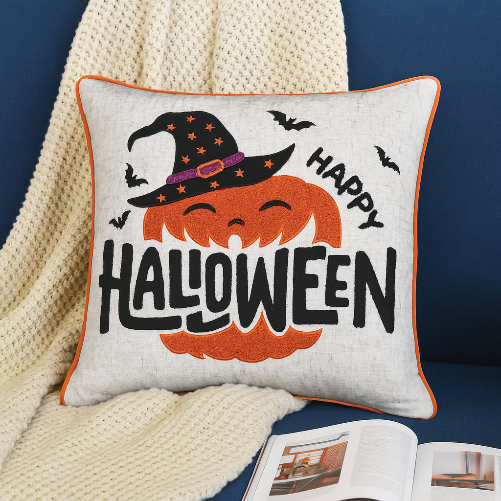 Embroidered Halloween Pumpkin Accent Pillow with Festive Detailing - Neutral