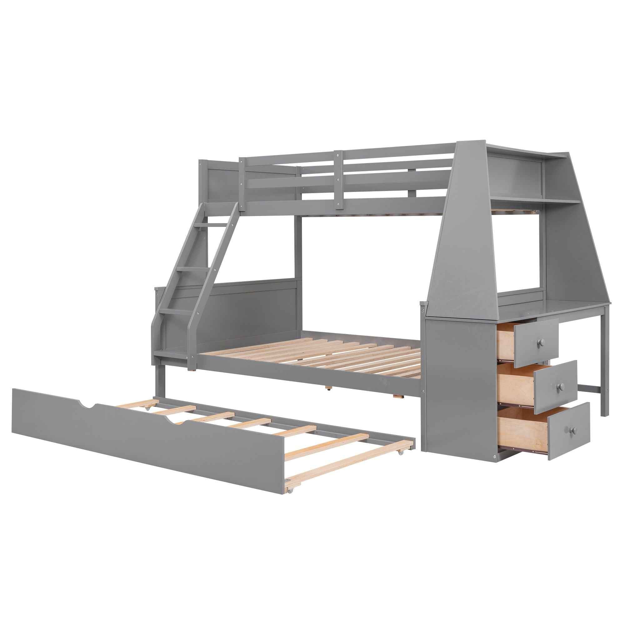 Bunk Bed With Trundle And Built In Desk, 3 Storage Drawers And Shelf