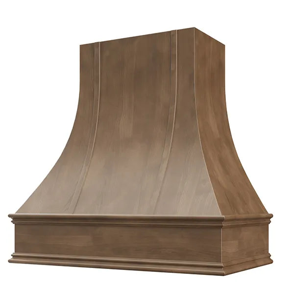 American Walnut Range Hood With Curved Strapped Front and Decorative Trim - 30