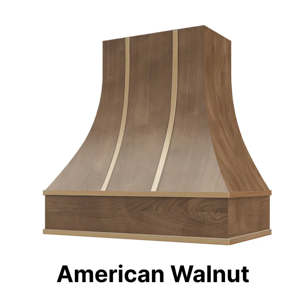 Wood Range Hood With Curved Front and Brass Strapping and Flat Trim - 30