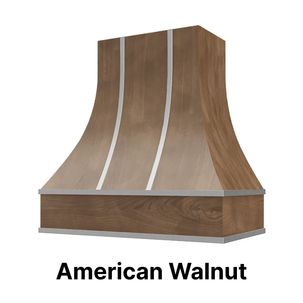 Wood Range Hood With Curved Front, Silver Strapping and Block Trim - 30