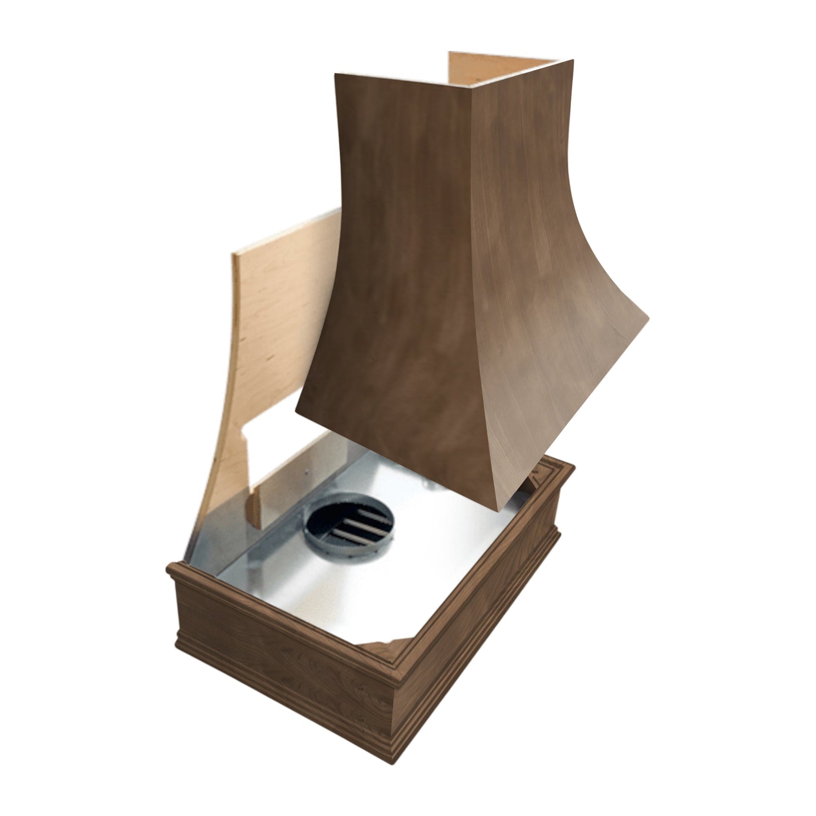 American Walnut Wood Range Hood With Sloped Front and Decorative Trim - 30