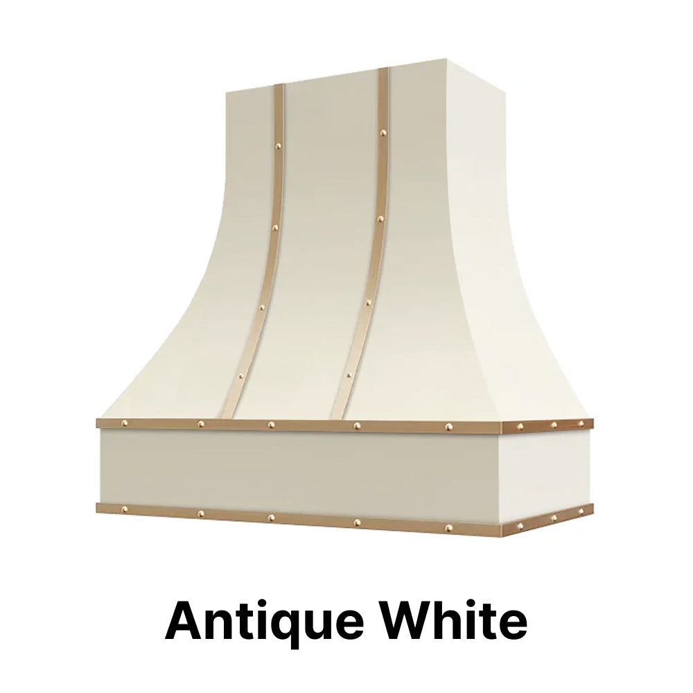 Wood Range Hood With Curved Front, Brass Strapping and Buttons - 30