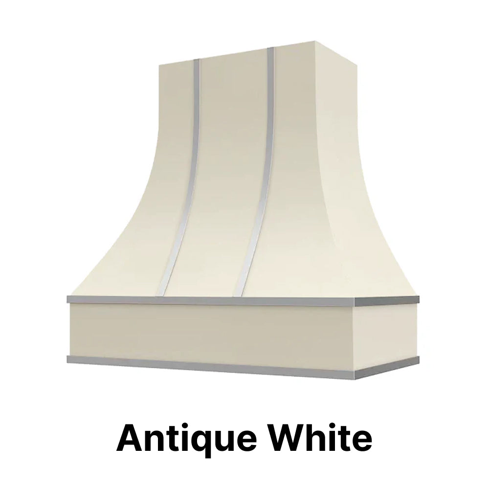 Wood Range Hood With Curved Front, Silver Strapping and Block Trim - 30