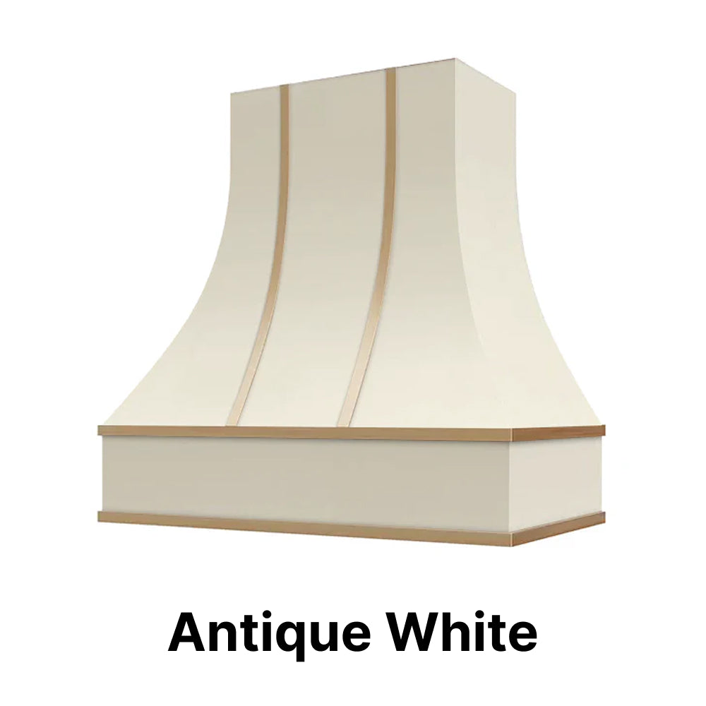 Wood Range Hood With Curved Front and Brass Strapping and Flat Trim - 30