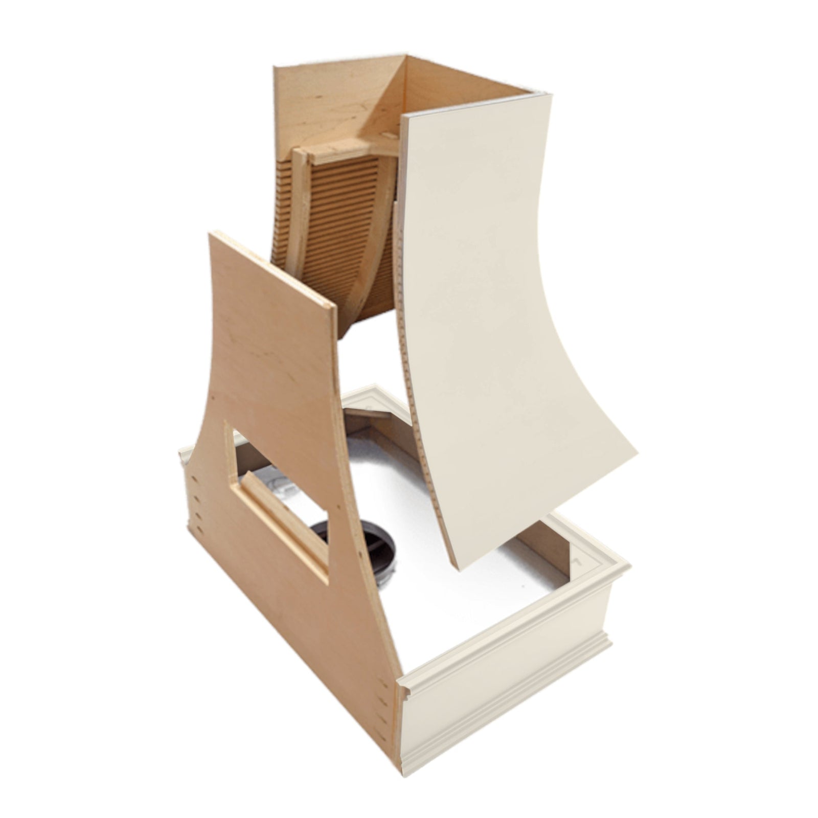 Antique White Wood Range Hood With Sloped Strapped Front and Decorative Trim - 30