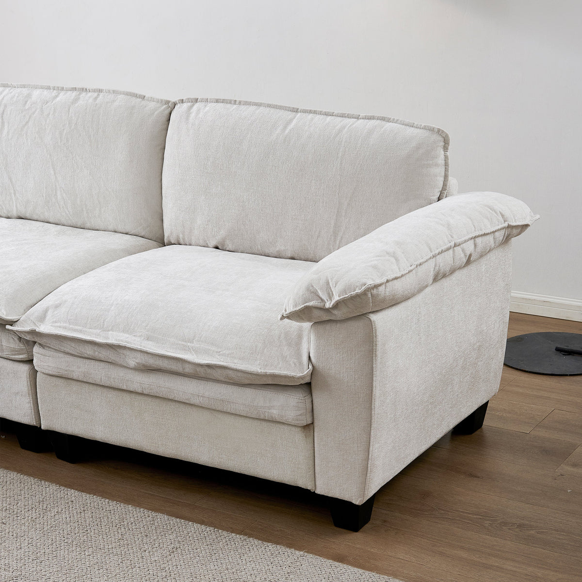L Shape Living Room Sofa with Ottoman in Soft Chenille Beige