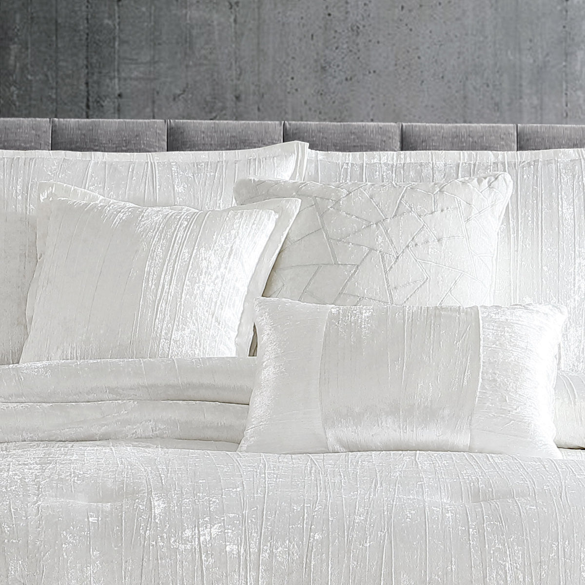 Turin 7 Piece White Crinkle Velvet Queen Comforter Ensemble