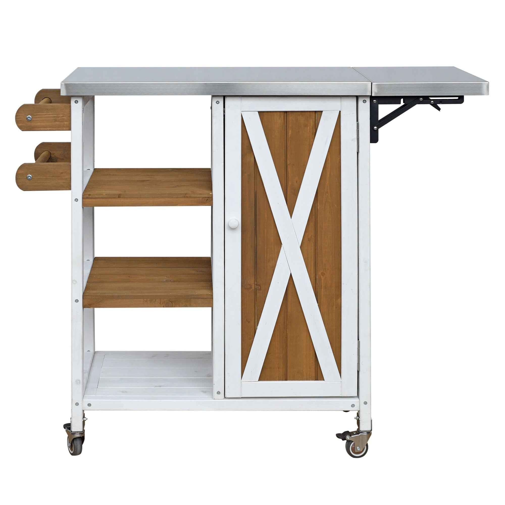 Foldable Outdoor Kitchen Island with Stainless Steel Top - Natural Wood