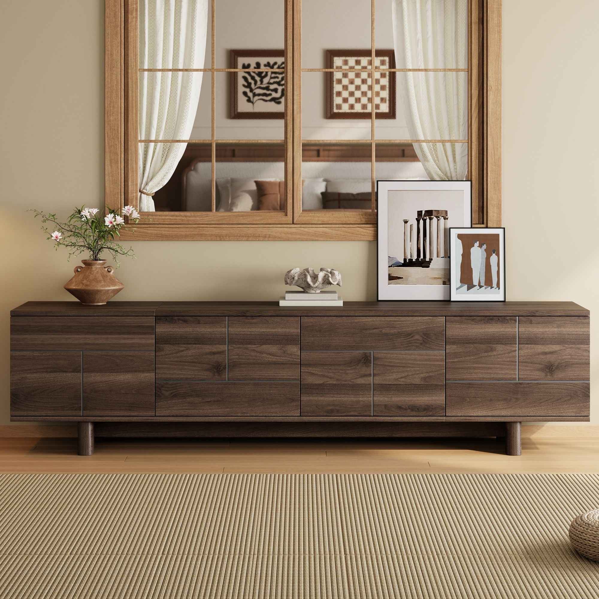 TV Stand For TVs Up To 85", Entertainment Center, Cable Management, Push Openers, Soft Closing Hinges & Adjustable Shelves - Dark Brown