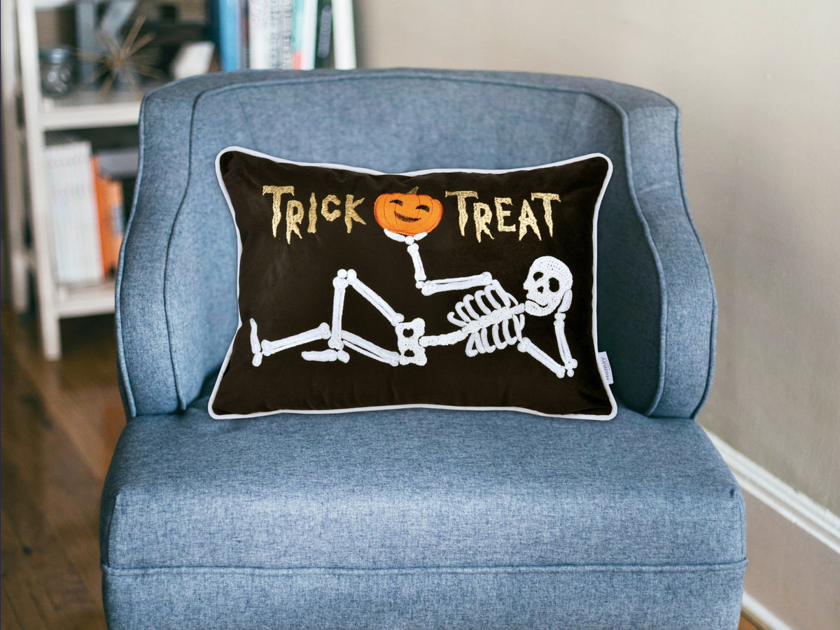 Embroidered Velvet Halloween Skeleton Lumbar Pillow with Skeleton Design - Black