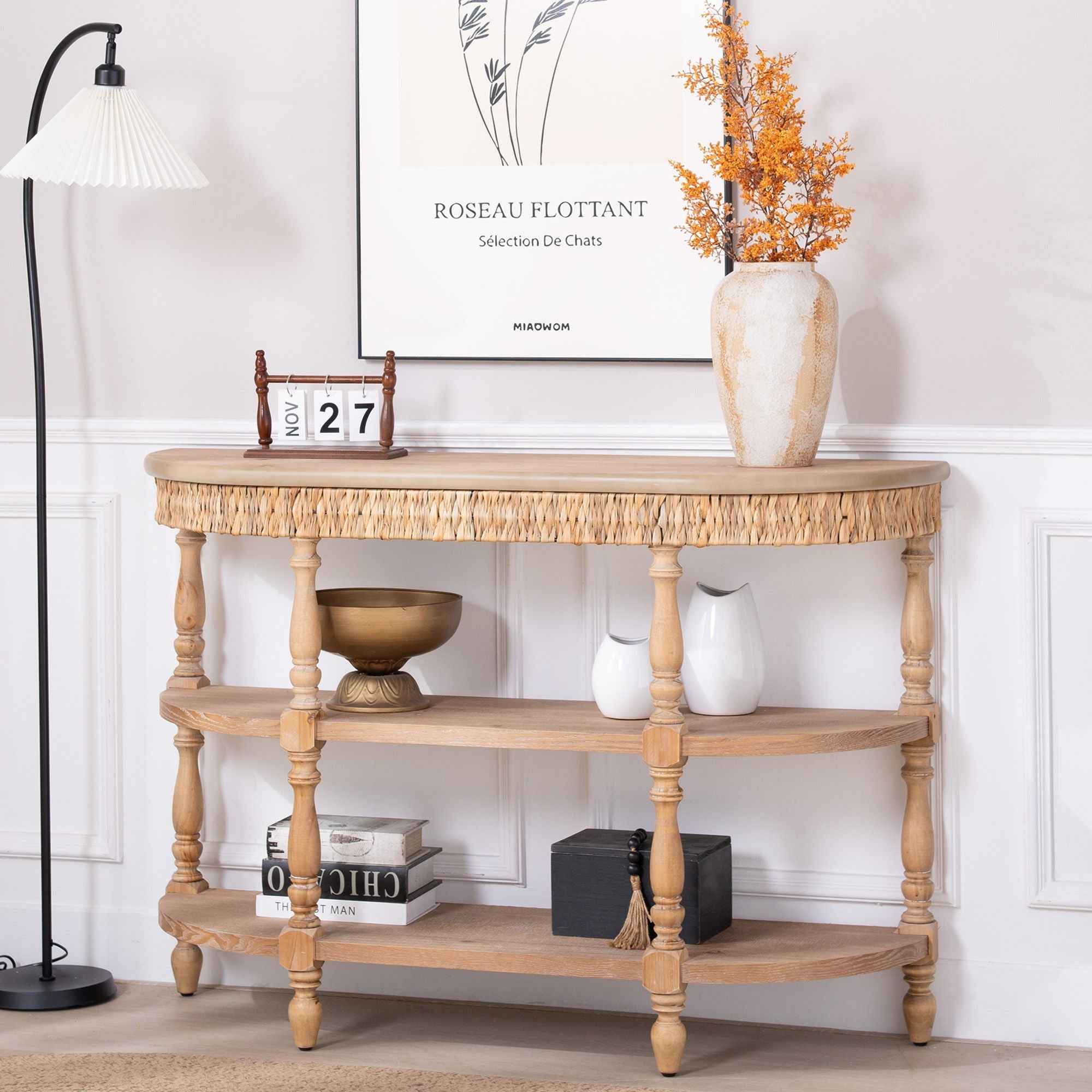 Handcrafted Console Table With Hand Woven Trim, 3 Tier Storage Shelves - Natural