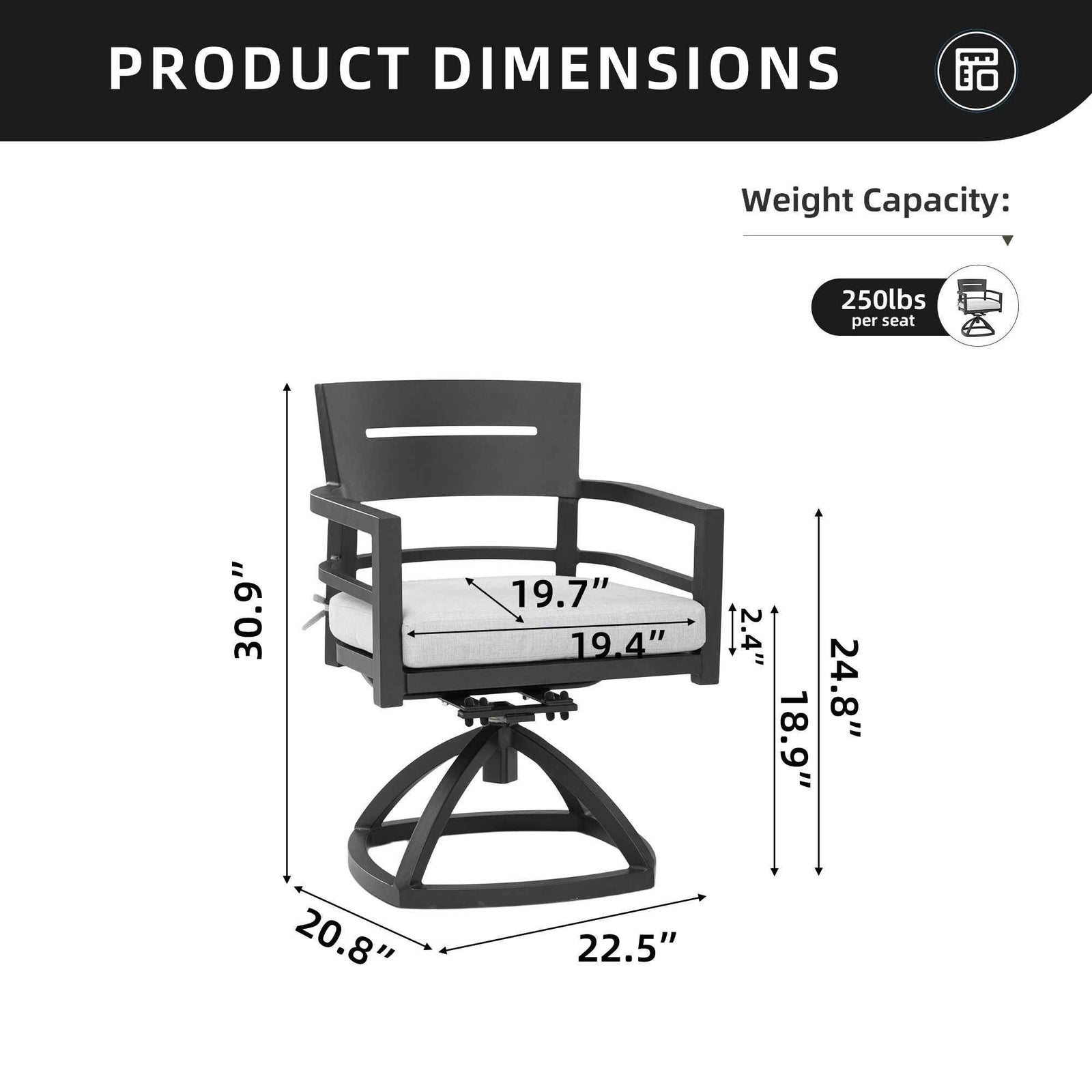 Outdoor Patio Swivel Rocker With Outdoor Grade Sunbrella Fabric Cushions (Set of 2) - Ember Black