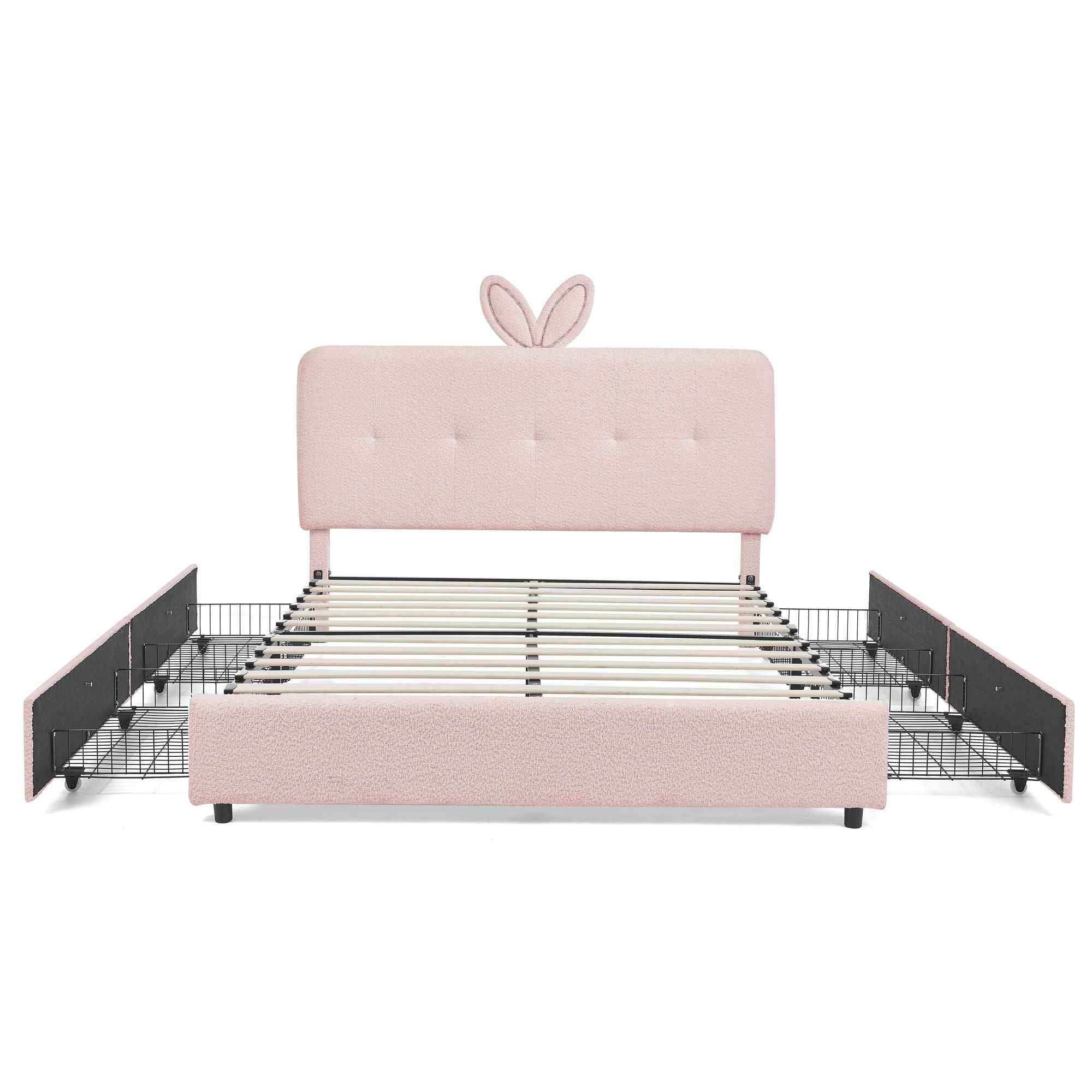 Upholstered Bed With Oversized Rabbit Ear Headboard, LED Lights & 4 Storage Drawers