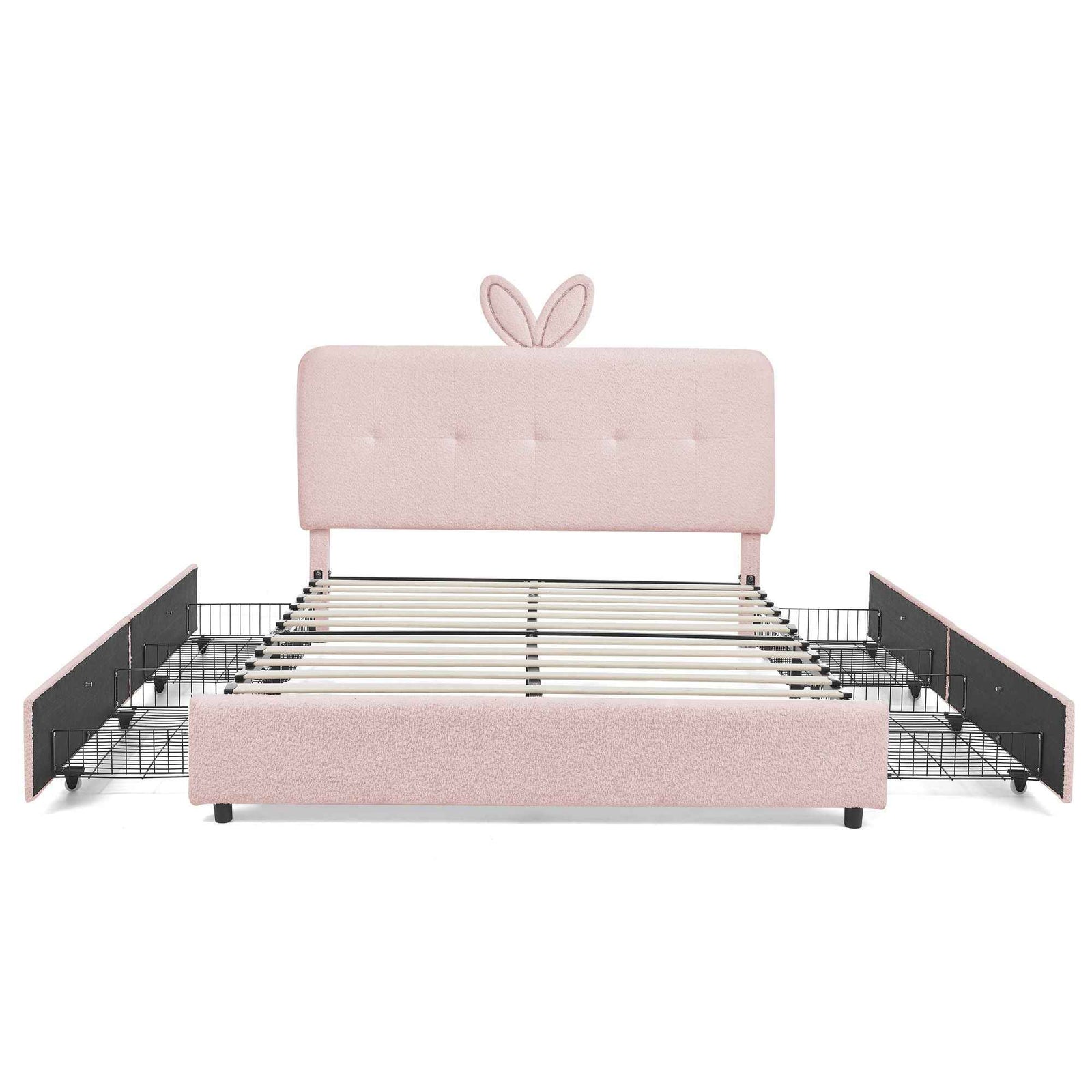 Upholstered Bed With Oversized Rabbit Ear Headboard, LED Lights & 4 Storage Drawers
