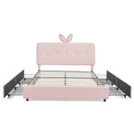 Upholstered Bed With Oversized Rabbit Ear Headboard, LED Lights & 4 Storage Drawers