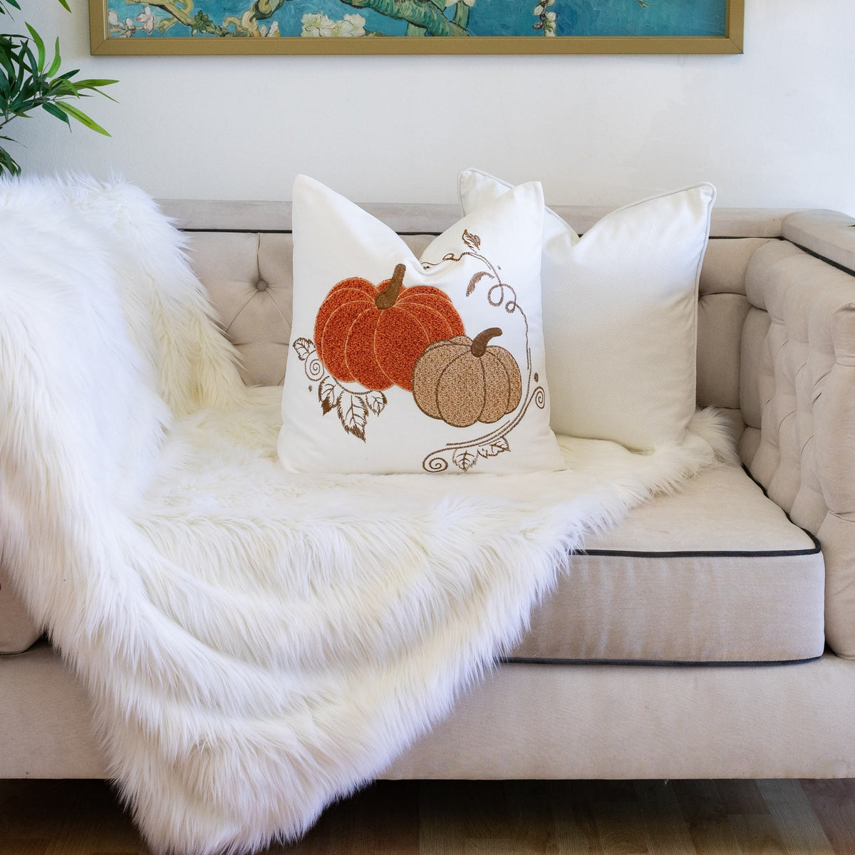 Embroidered Harvest Pumpkin Throw Pillow with Autumn Detailing - White/Rust/Gold