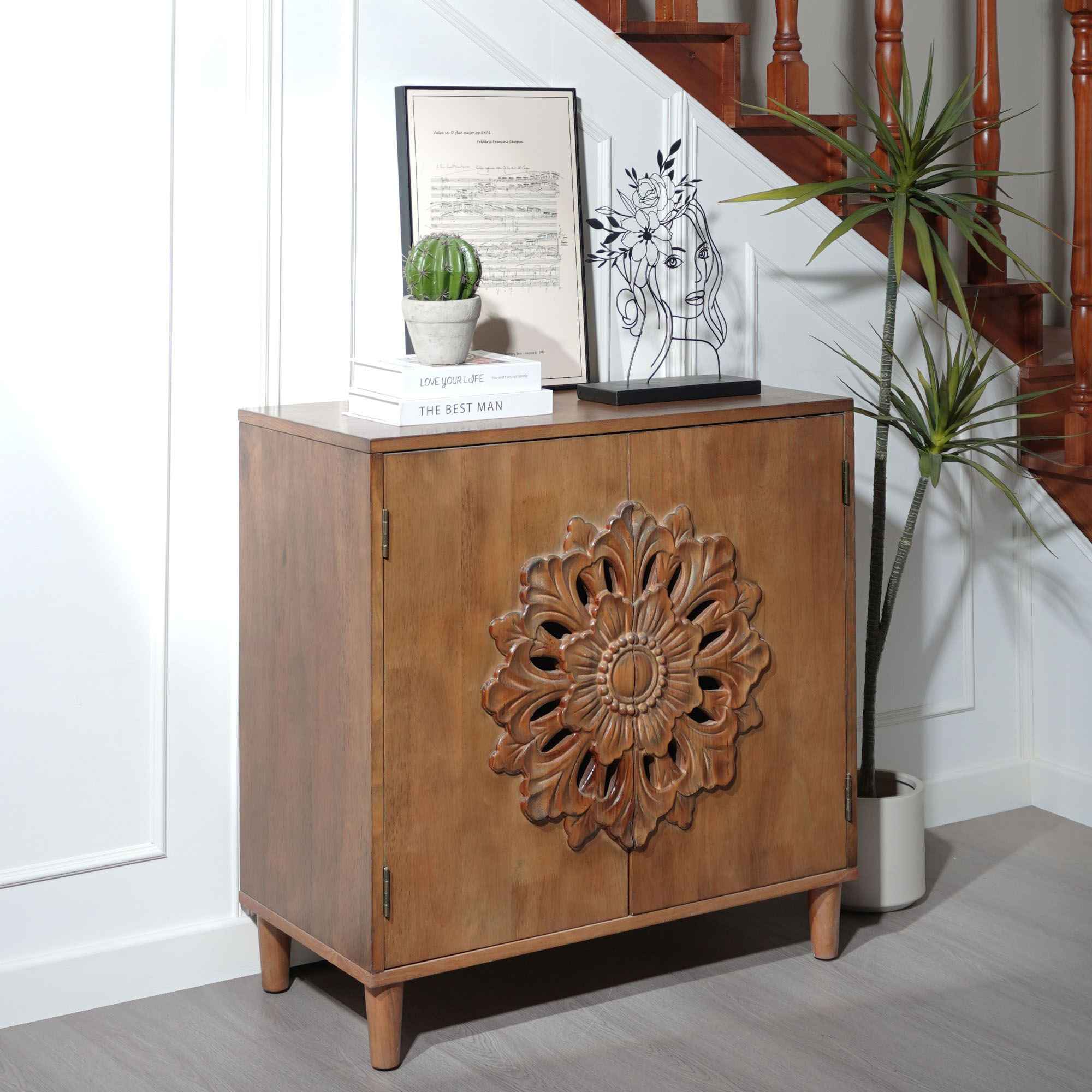2 Door Accent Storage Cabinet With Floral Design, Sideboard For Living Room - Dark Brown