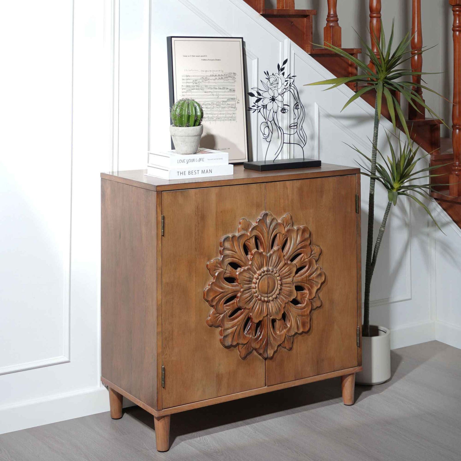 2 Door Accent Storage Cabinet With Floral Design, Sideboard For Living Room - Dark Brown