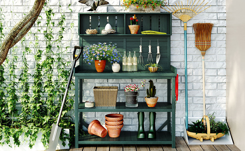 Large Wooden Farmhouse Potting Bench Table with 4 Shelves - Rustic Fir Wood