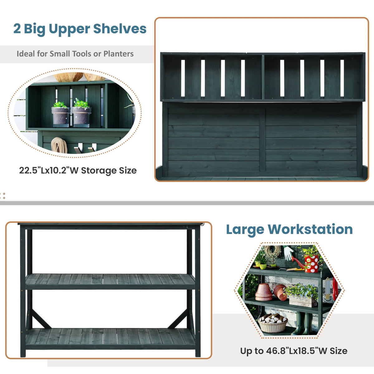 Large Wooden Farmhouse Potting Bench Table with 4 Shelves - Rustic Fir Wood
