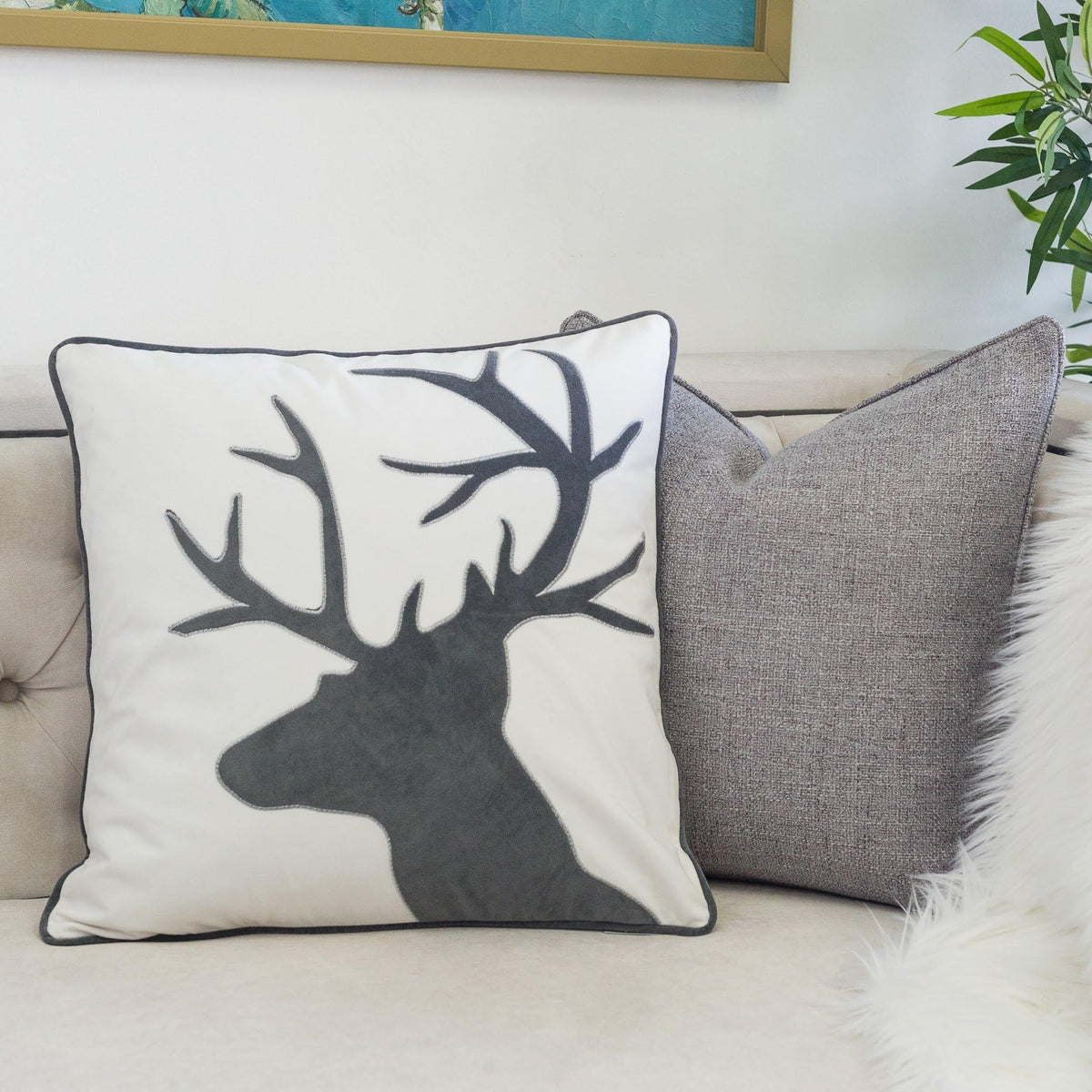Holiday Reindeer Velvet Accent Pillow 20x20 – White and Gray with Insert