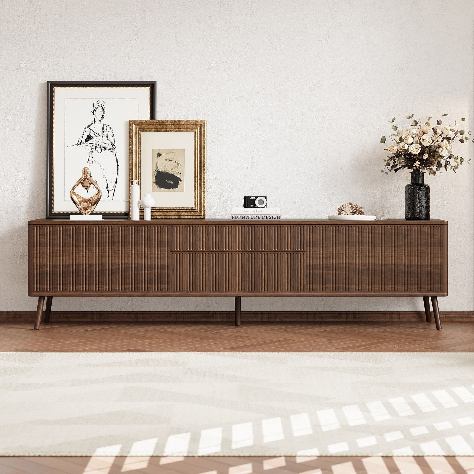 Fluted TV Stand With Storage Drawers And Cabinets For TVs Up To 80