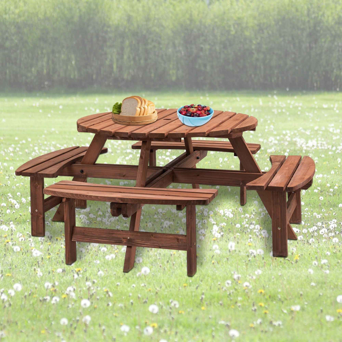 8 Person Wooden Picnic Table Outdoor Camping Dining Table with Seat