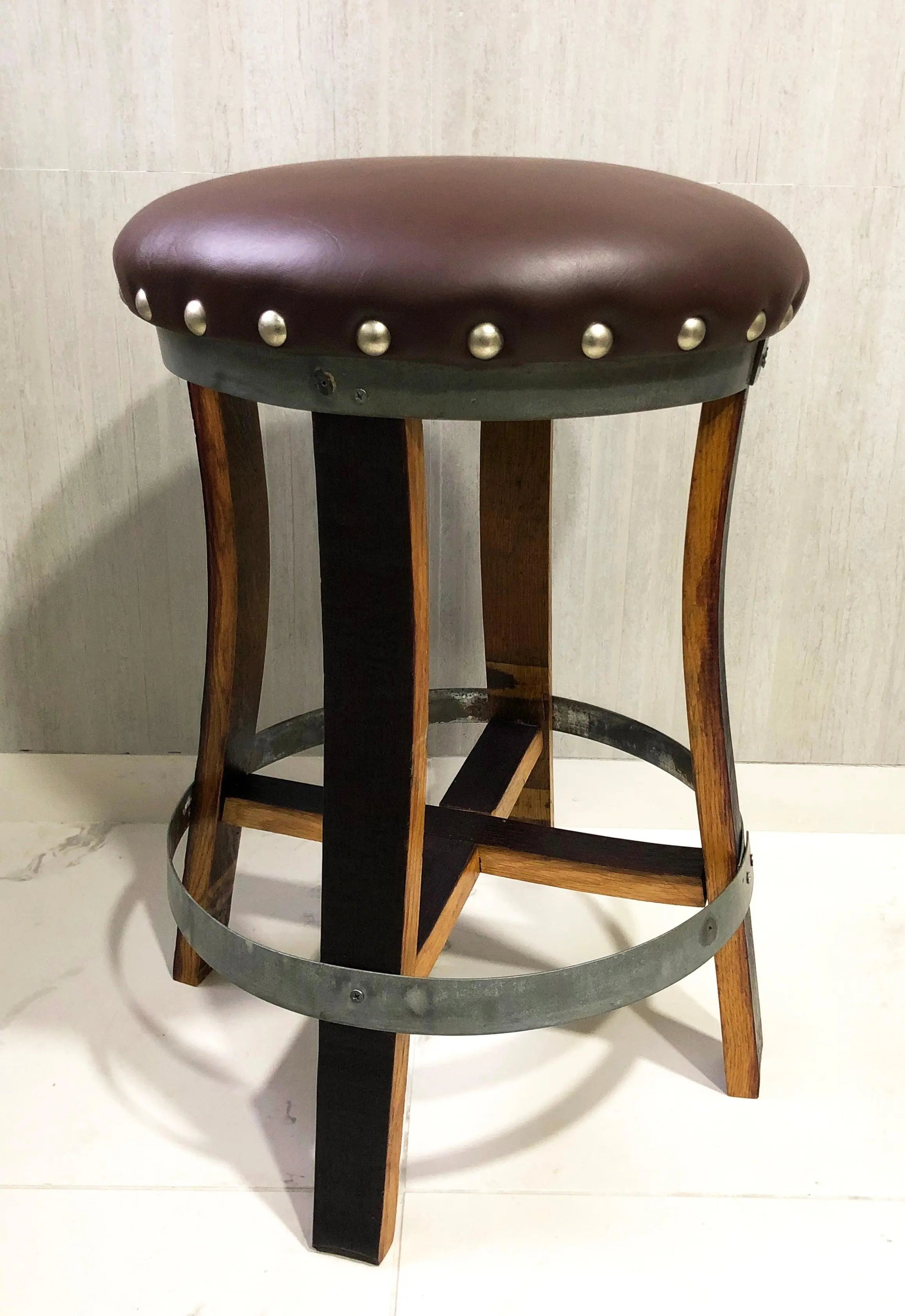 Brown Oak Barrel Bar Stool - Memory Foam Upholstery - Whiskey Barrel Stave Pub Stool - Counter Height - Handmade Wine Barrel Chair