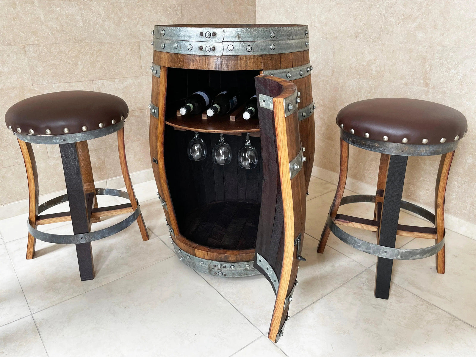 Brown Oak Barrel Bar Stool - Memory Foam Upholstery - Whiskey Barrel Stave Pub Stool - Counter Height - Handmade Wine Barrel Chair