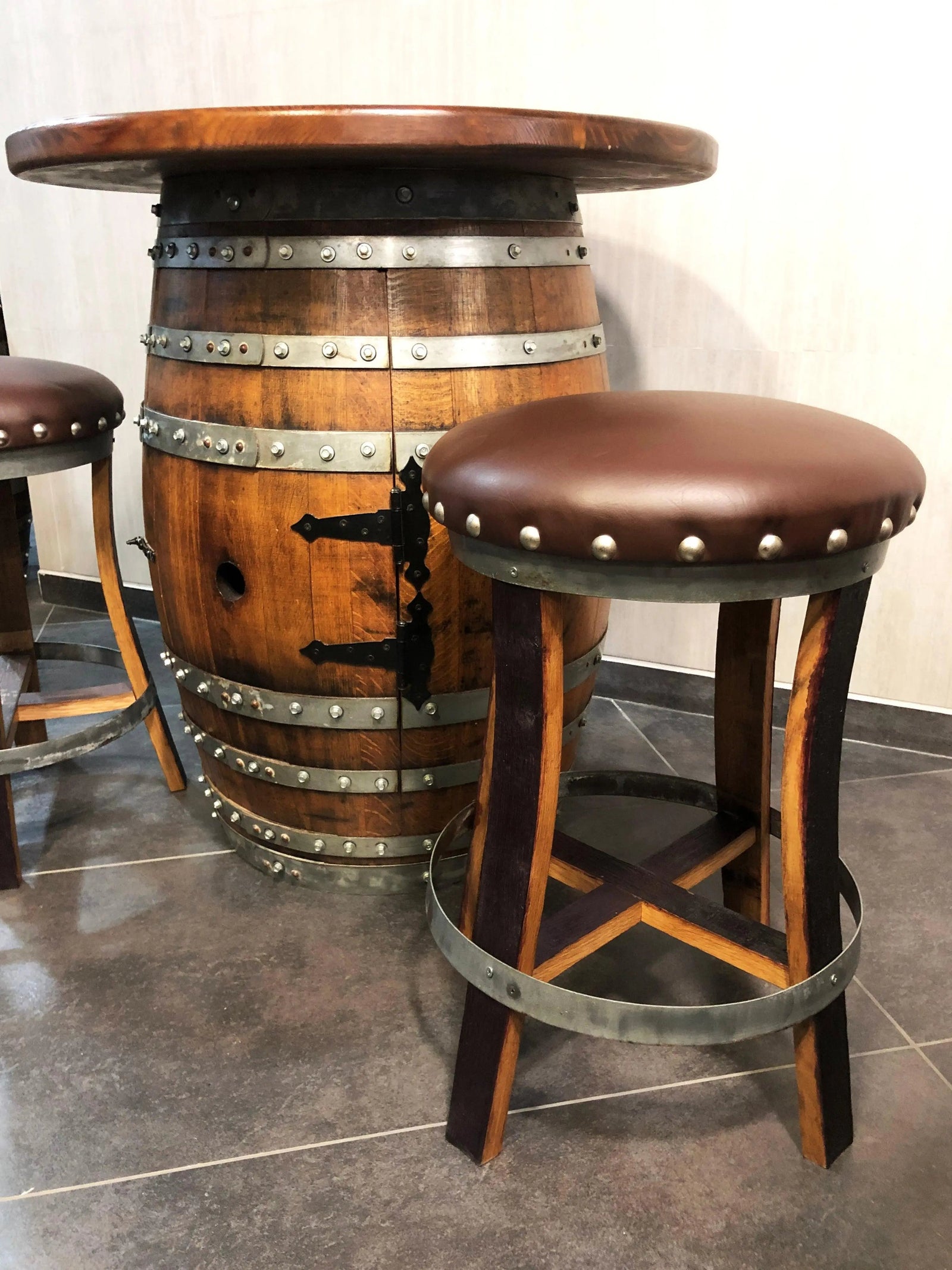 Brown Oak Barrel Bar Stool - Memory Foam Upholstery - Whiskey Barrel Stave Pub Stool - Counter Height - Handmade Wine Barrel Chair