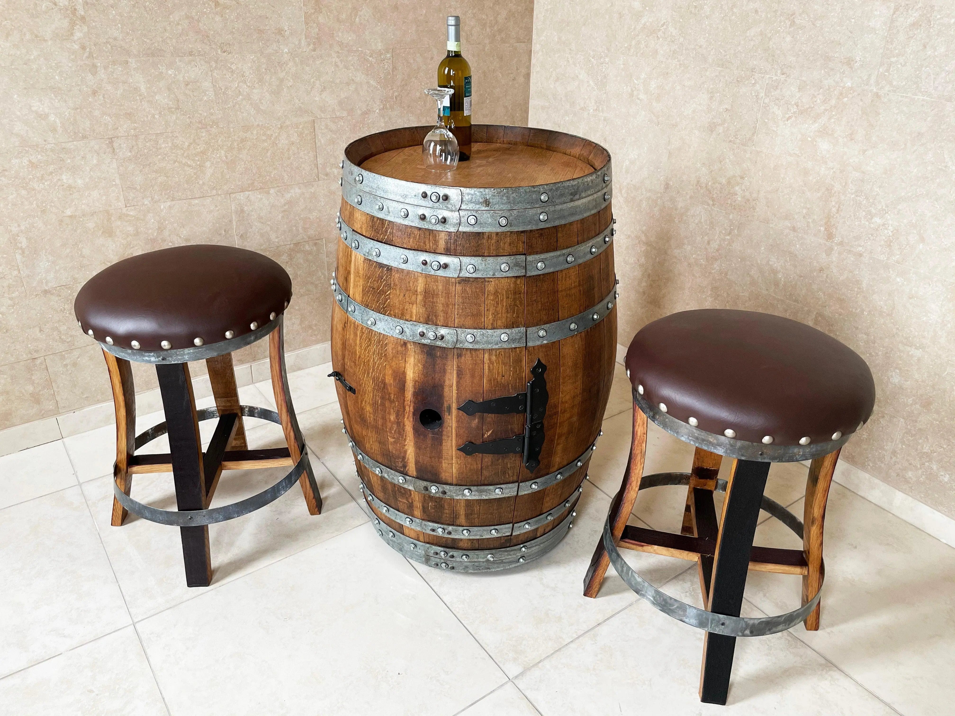 Brown Oak Barrel Bar Stool - Memory Foam Upholstery - Whiskey Barrel Stave Pub Stool - Counter Height - Handmade Wine Barrel Chair