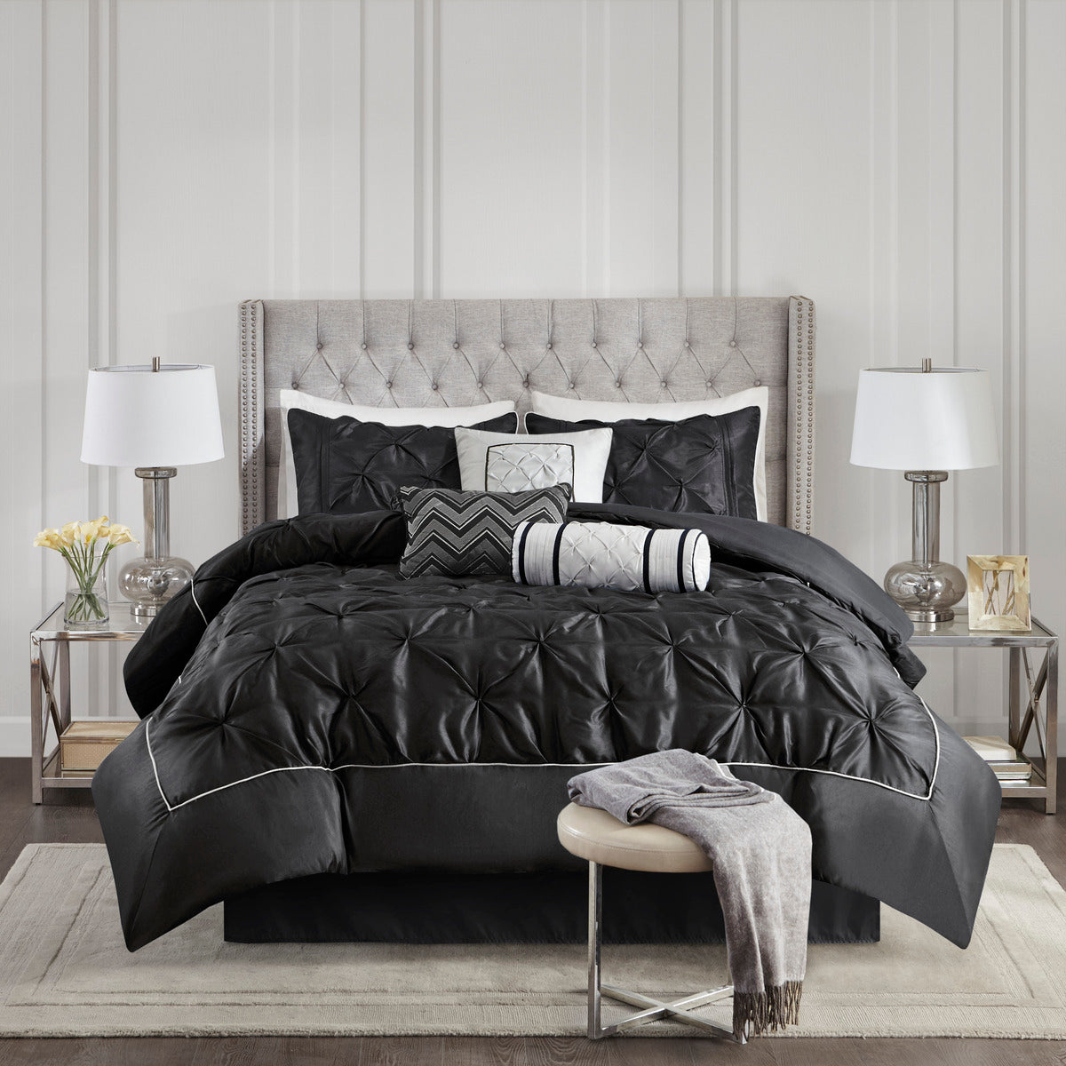 7 Piece Tufted Comforter Set Black Queen