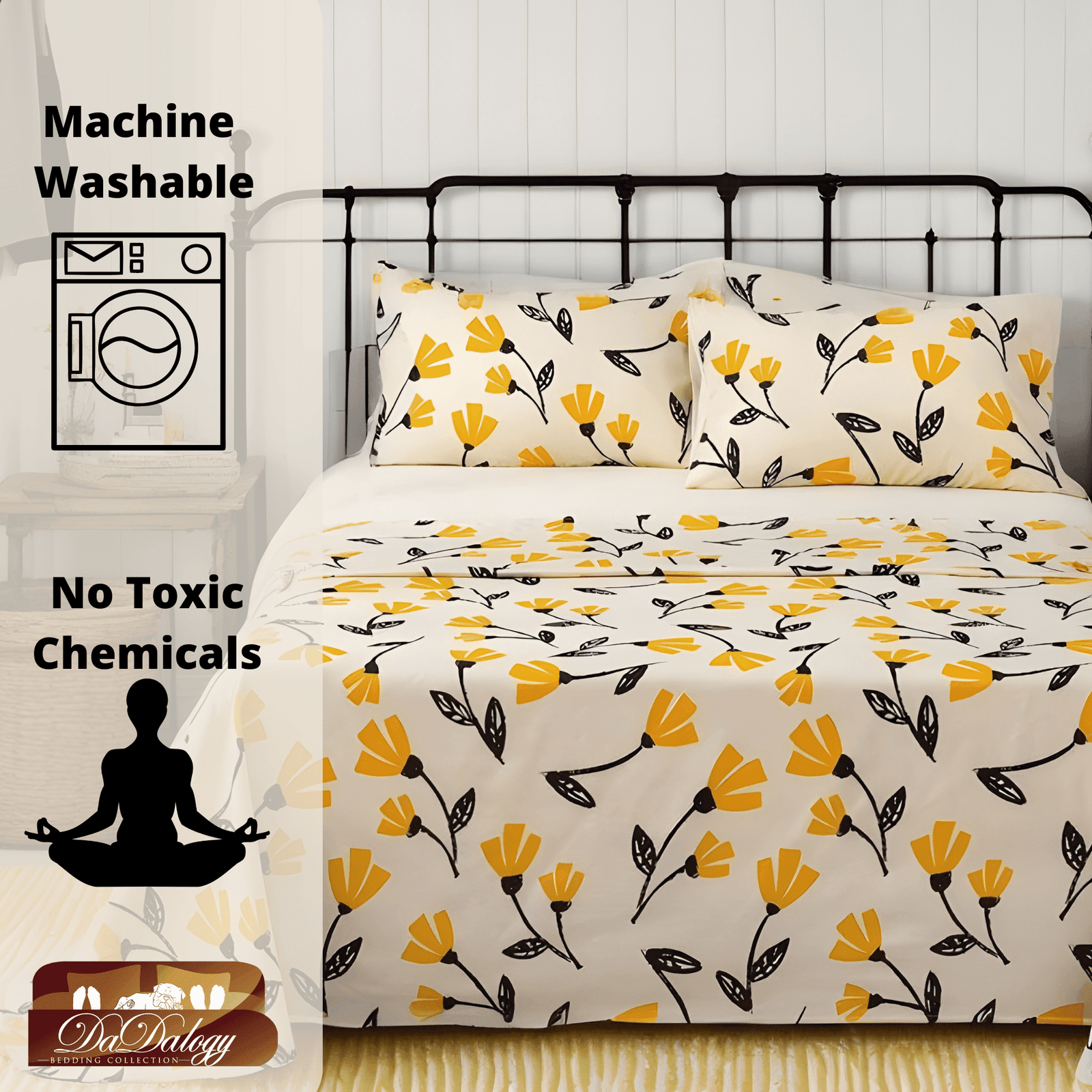 DaDa Bedding Yellow Fleur Golden Orange Floral Ivory Fitted & Flat Bed Sheets Set (18112)