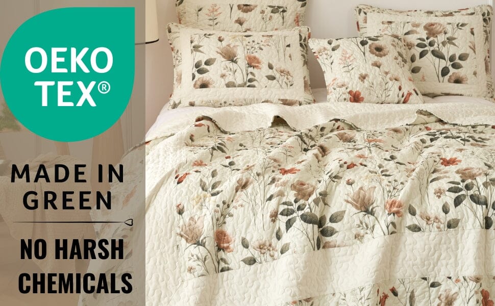 DaDalogy Enchanted Meadow Quilt Set - Victoria Garden Delicate Floral Symphony in Beige, Rose, and Soft Green, Luxuriously Soft Quilted Bedspread Set