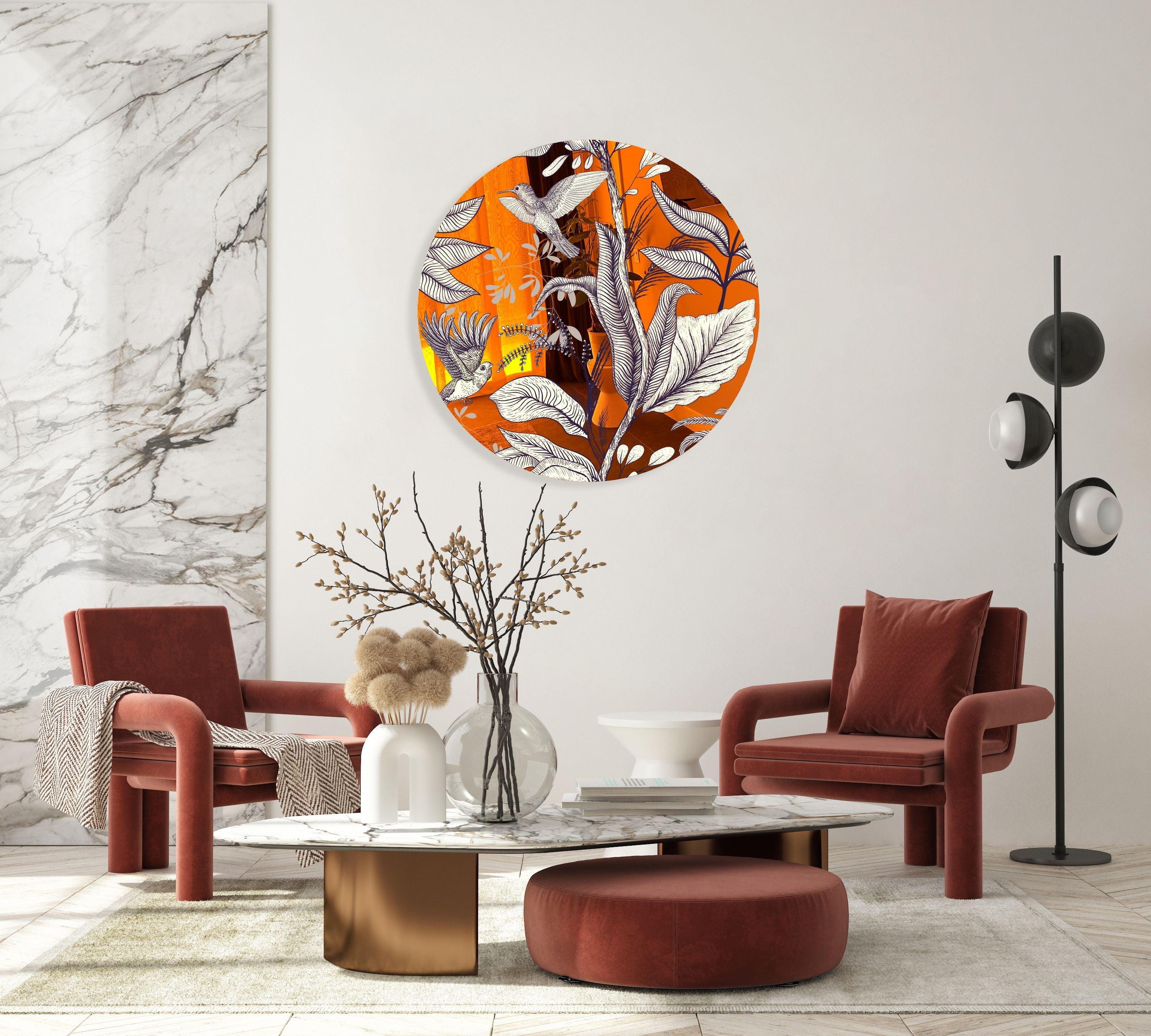 Beige Birds and Leaves Printed Mirror Acrylic Circles