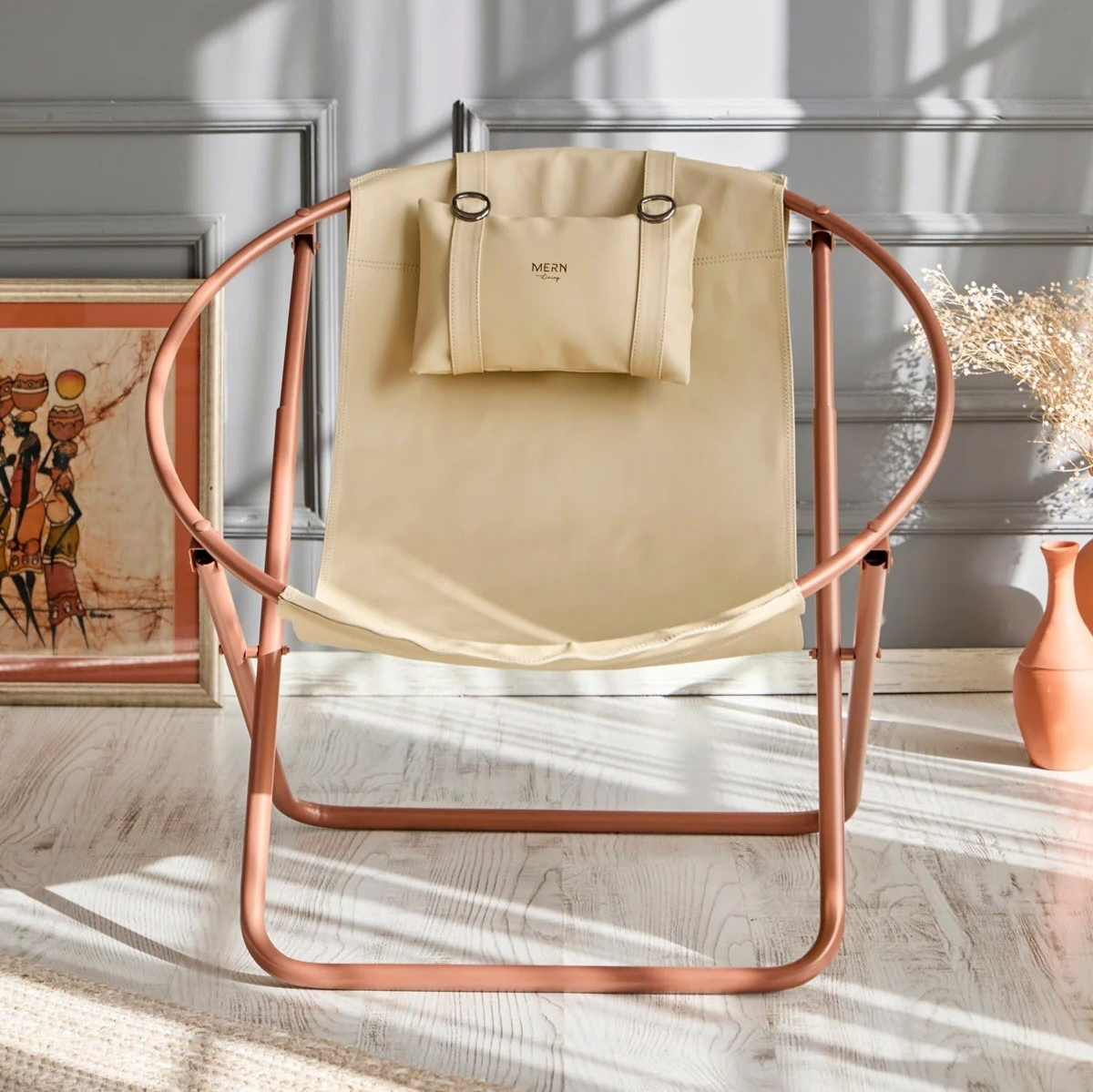 Faux Leather Folding Chair Metal Frame Beige