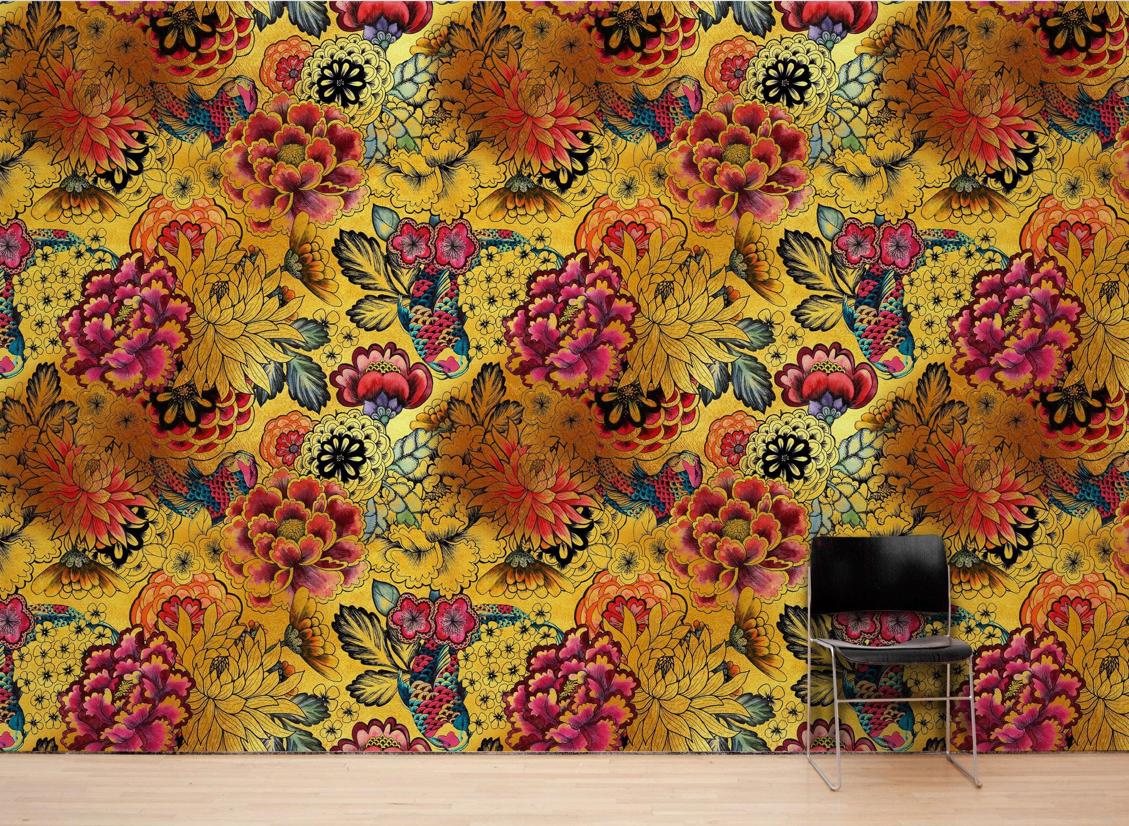 Japanese Art Koi Fish Peel and Stick Wallpaper. Gold Flowers Background.  Removable Wall Mural #6192