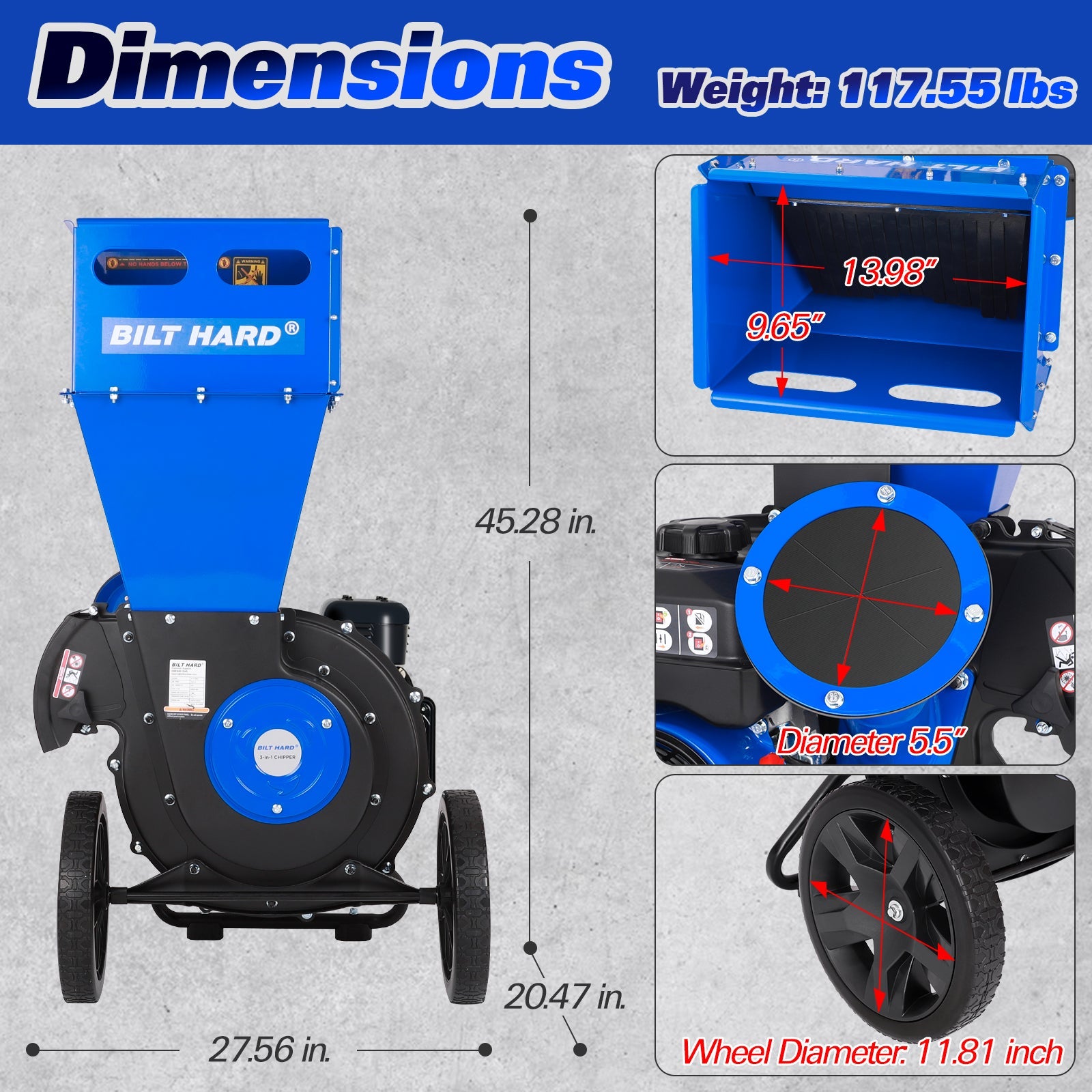 BILT HARD 3 inch Gas Powered Wood Chipper 224cc 7.5hp