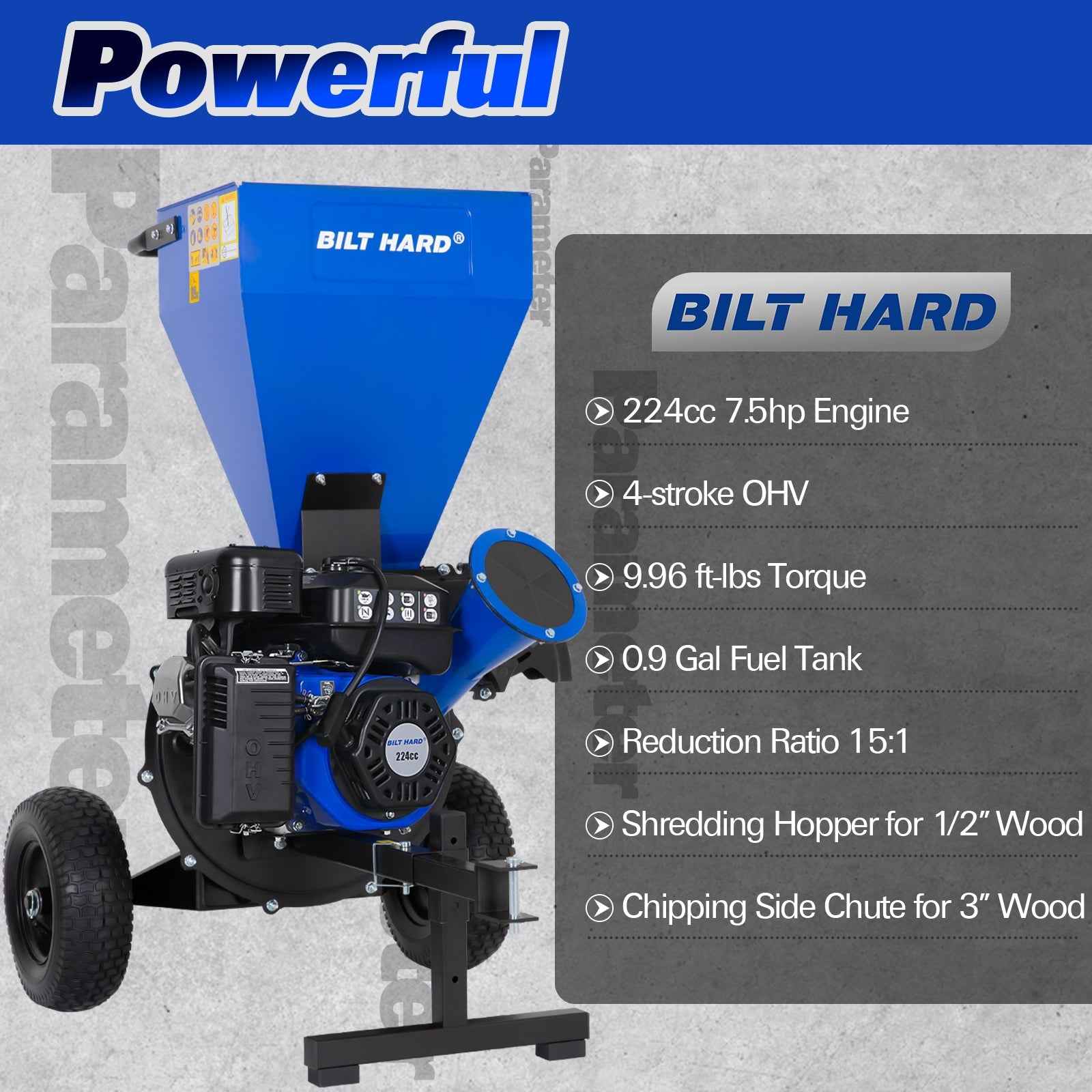 3inch 224cc 7.5hp Gas Powered Wood Chipper with Tow Hitch