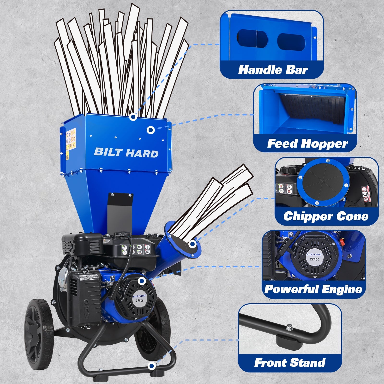 BILT HARD 3 inch Gas Powered Wood Chipper 224cc 7.5hp