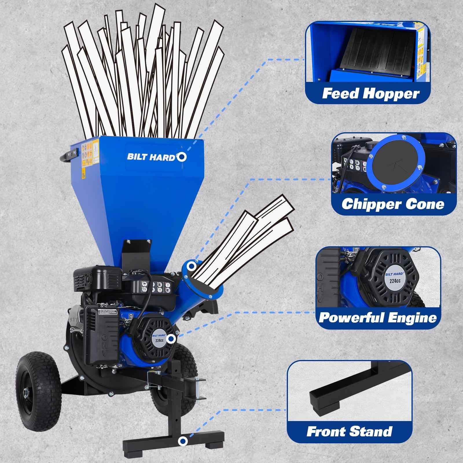 3inch 224cc 7.5hp Gas Powered Wood Chipper with Tow Hitch